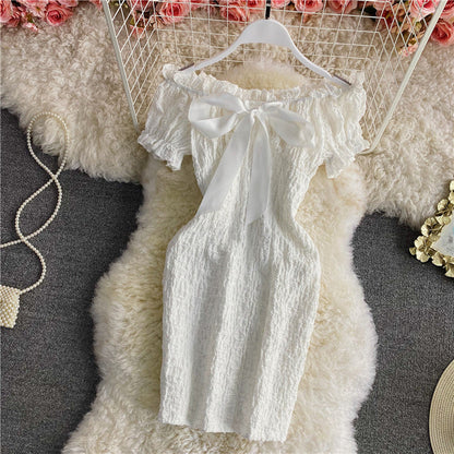 Retro sweet waist closed thin off shoulder backless dress  2889