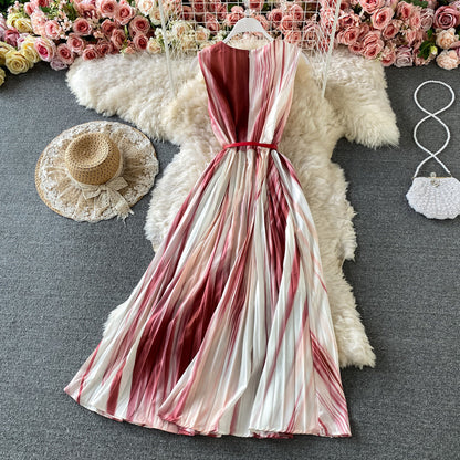 Gradient V-neck sleeveless dress temperament long skirt  3182