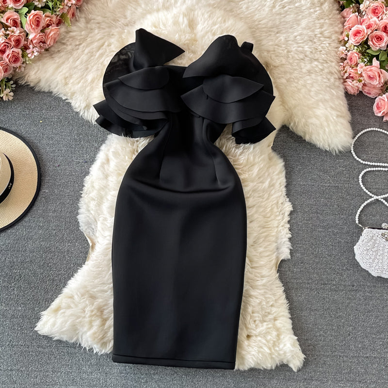Ruffled off shoulder and exposed shoulder bag hip dress  2748
