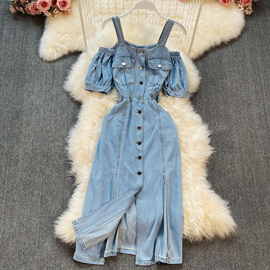 Temperament medium length off shoulder suspender dress  2970