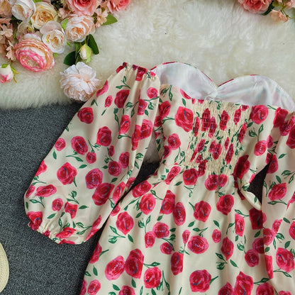 Slim Chiffon one neck short off shoulder floral skirt  3288