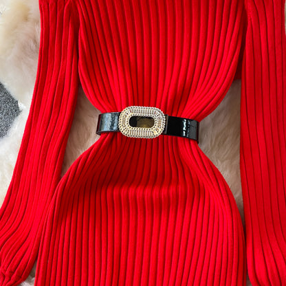 Fashion high neck off shoulder knitted dress  3383