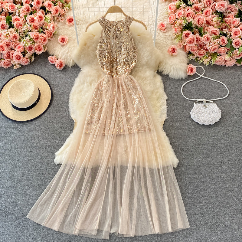 Sexy mesh patchwork neck off shoulder Sequin dress  2908