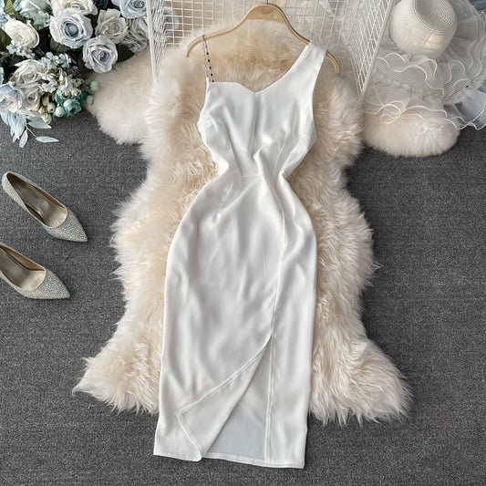 Sexy off shoulder low chest diagonal neck slim split hip dress  3054