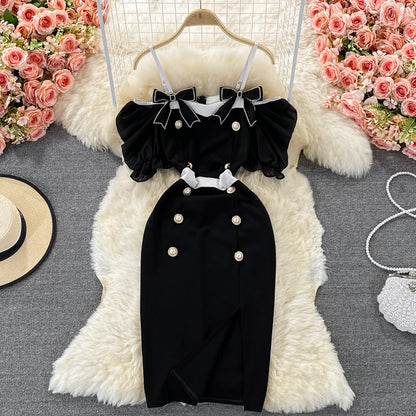 Off shoulder double breasted dress split Hip Wrap Dress  2984
