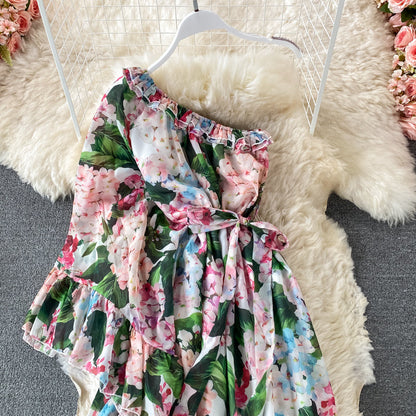 Slant neck one side off shoulder lace up Printed Dress  3195