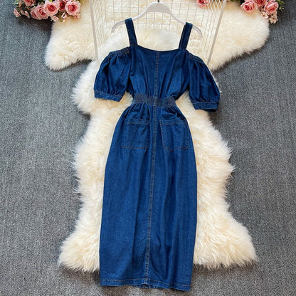 Temperament medium length off shoulder suspender dress  2970