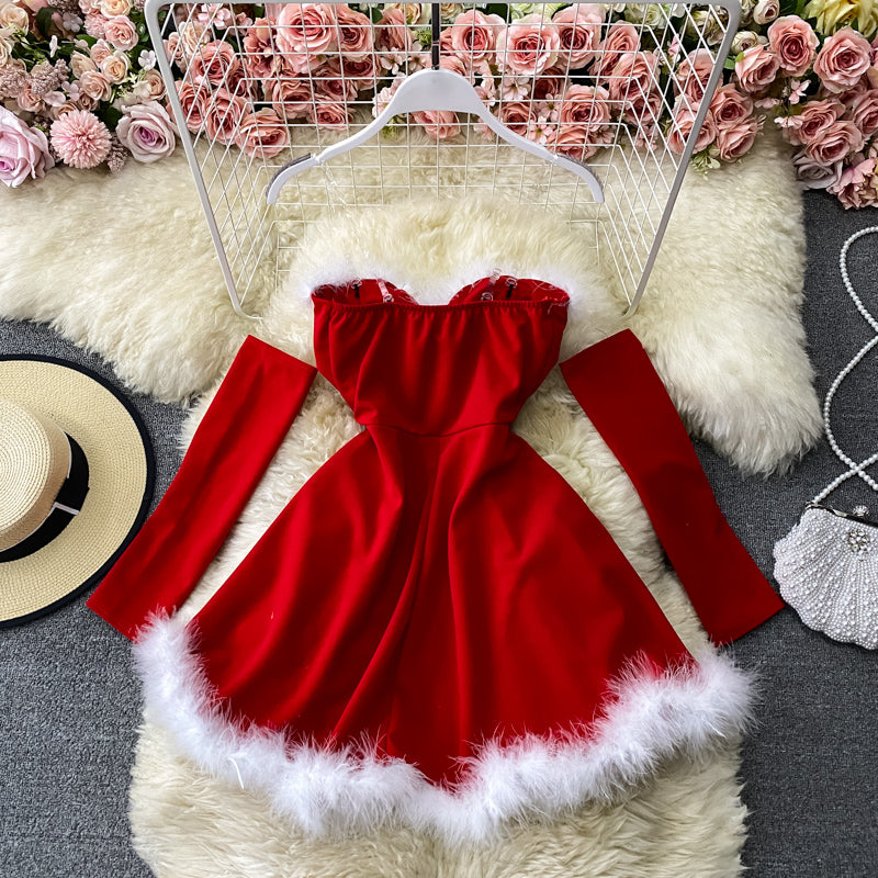 Red/black fashion heart-shaped collar sexy waist slimming off-shoulder Christmas birthday dress 2718