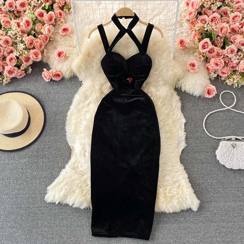 Neck off shoulder slim wrap hip suspender dress  2733