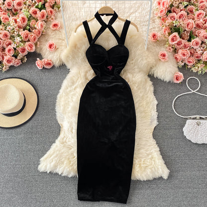 Neck off shoulder slim wrap hip suspender dress  2733