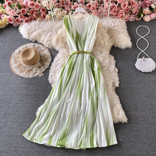 Gradient V-neck sleeveless dress temperament long skirt  3182