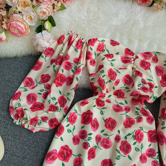 Slim Chiffon one neck short off shoulder floral skirt  3288