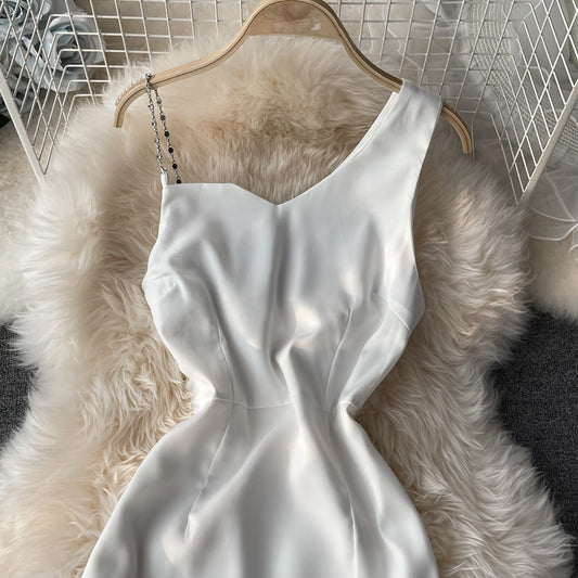 Sexy off shoulder low chest diagonal neck slim split hip dress  3054