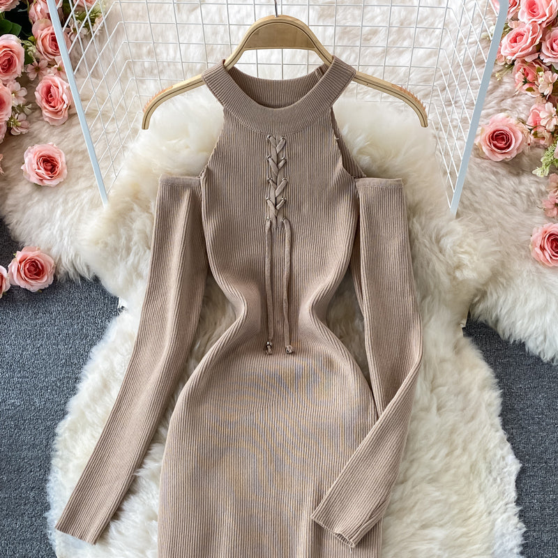 Hanging neck and off shoulder celebrity temperament sexy tight Hip Wrap Skirt  2762