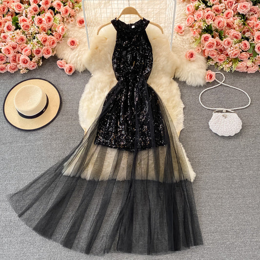 Sexy mesh patchwork neck off shoulder Sequin dress  2908