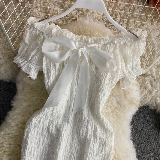 Retro sweet waist closed thin off shoulder backless dress  2851