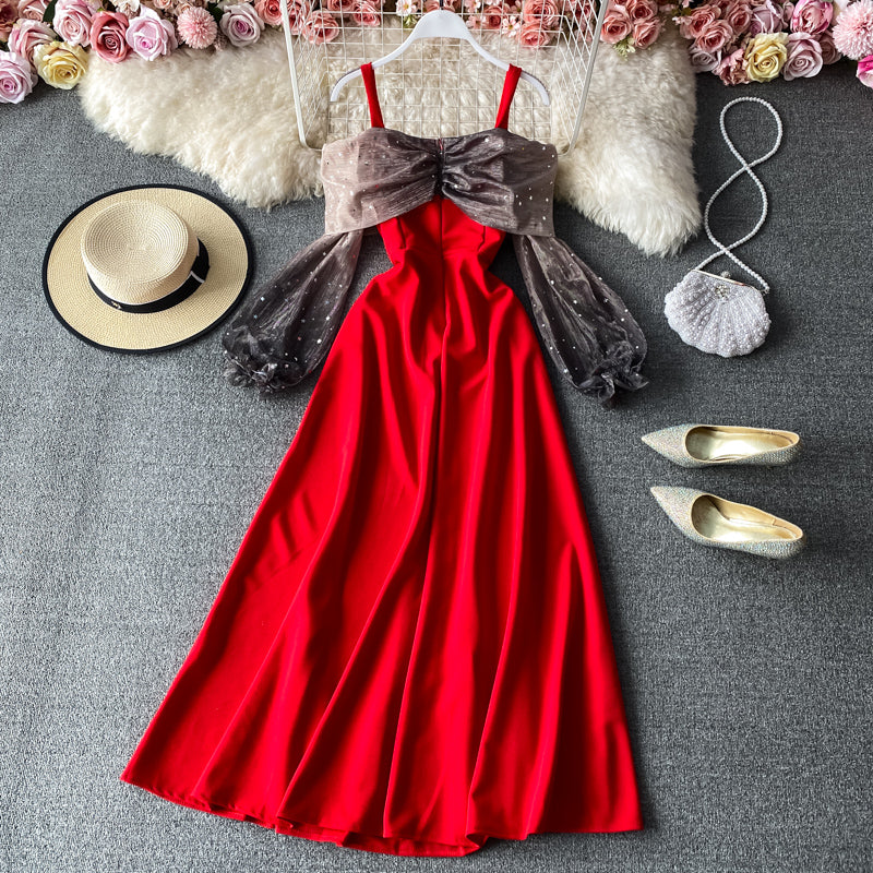 Sexy suspender skirt French off shoulder swing dress  2932
