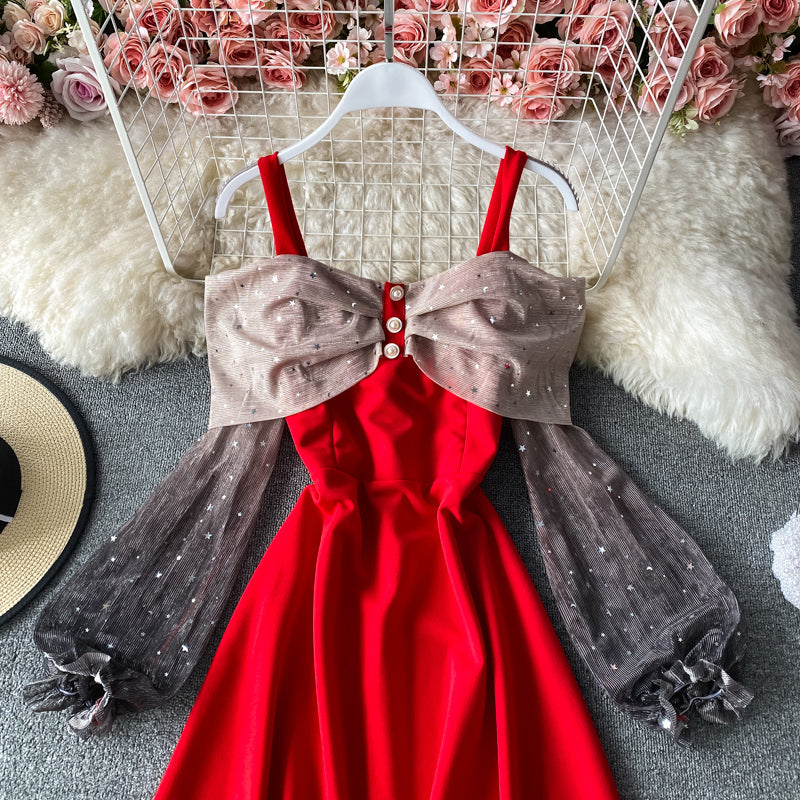 Sexy suspender French off shoulder swing dress  3412