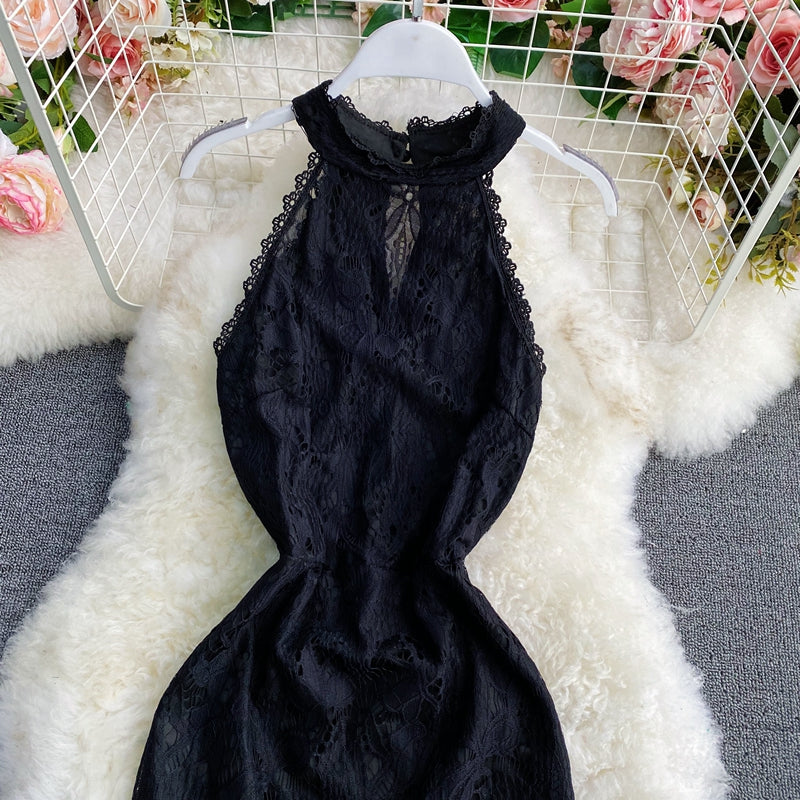 Slim neck hanging off shoulder black lace Hip Wrap Dress  2939