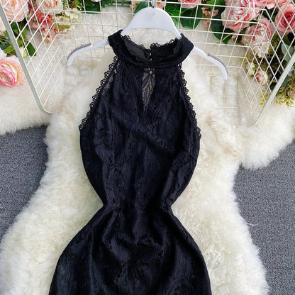 Slim neck hanging off shoulder black lace Hip Wrap Dress  2939