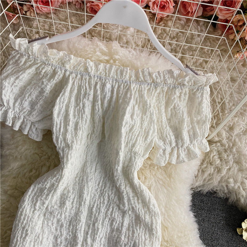 Retro sweet waist closed thin off shoulder backless dress  2851