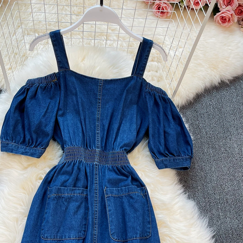 Temperament medium length off shoulder suspender dress  2970