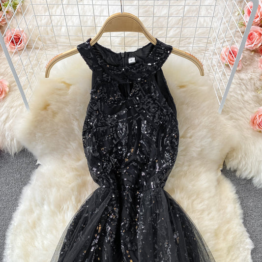 Sexy mesh patchwork neck off shoulder Sequin dress  2908