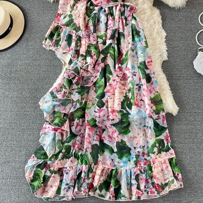 Slant neck one side off shoulder lace up Printed Dress  3195