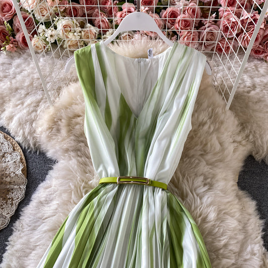 Gradient V-neck sleeveless dress temperament long skirt  3182