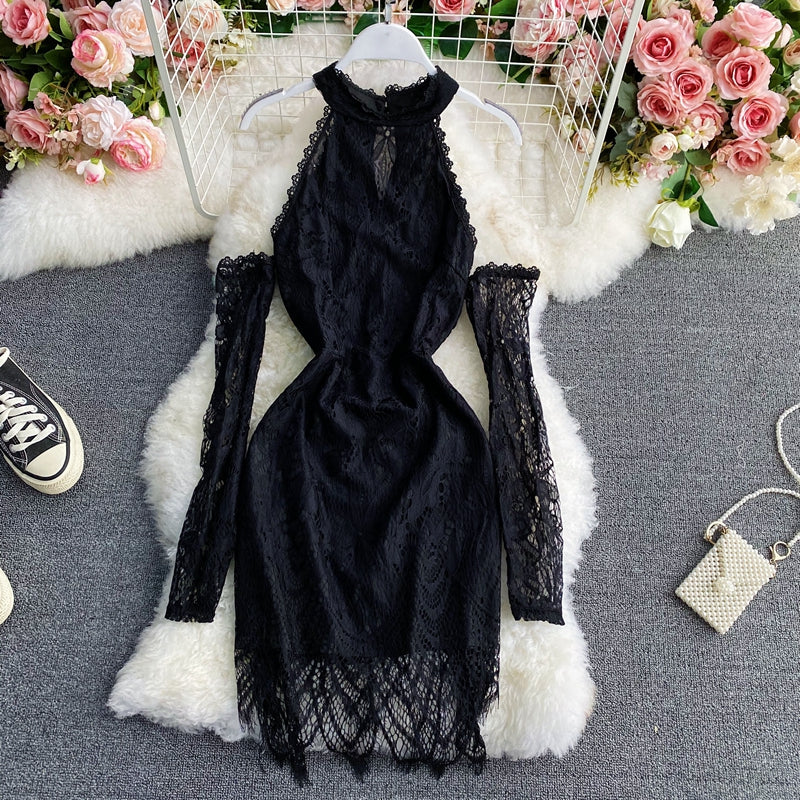 Neck off shoulder black lace Hip Wrap Dress  3044