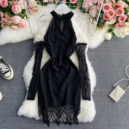 Neck off shoulder black lace Hip Wrap Dress  3044