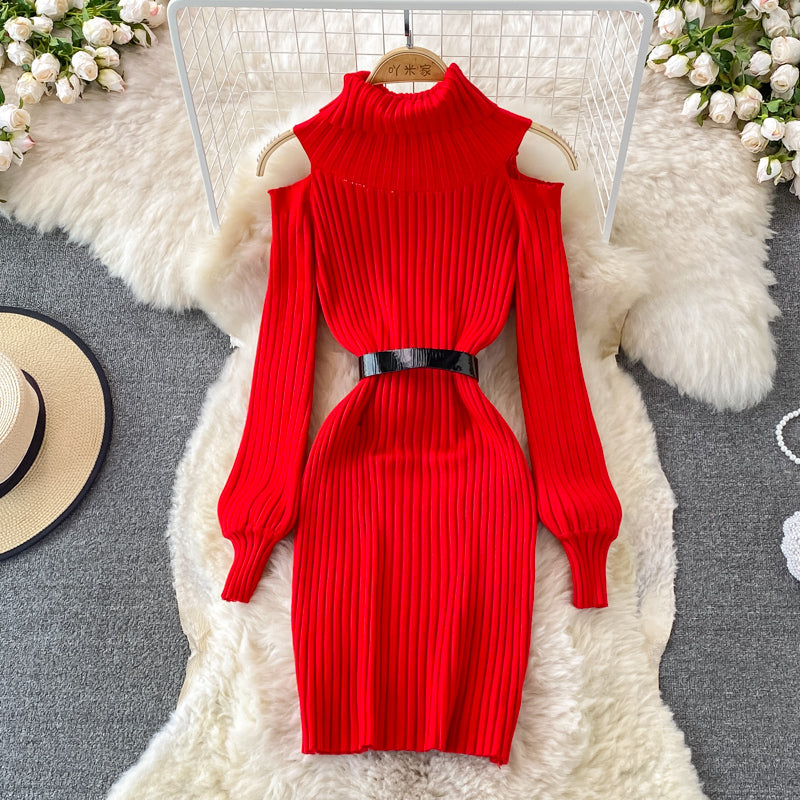 Fashion high neck off shoulder knitted dress  3383