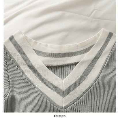 Korean striped off shoulder low collar collarbone exposed long sleeve T-shirt  1976
