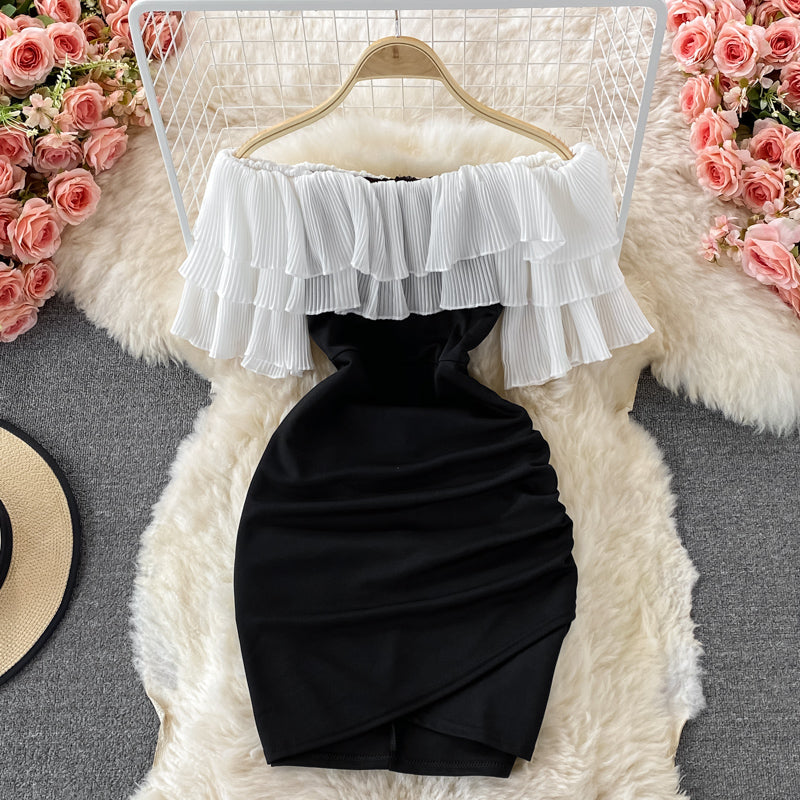 Straight neck off shoulder temperament Hepburn wrap hip short skirt  3209