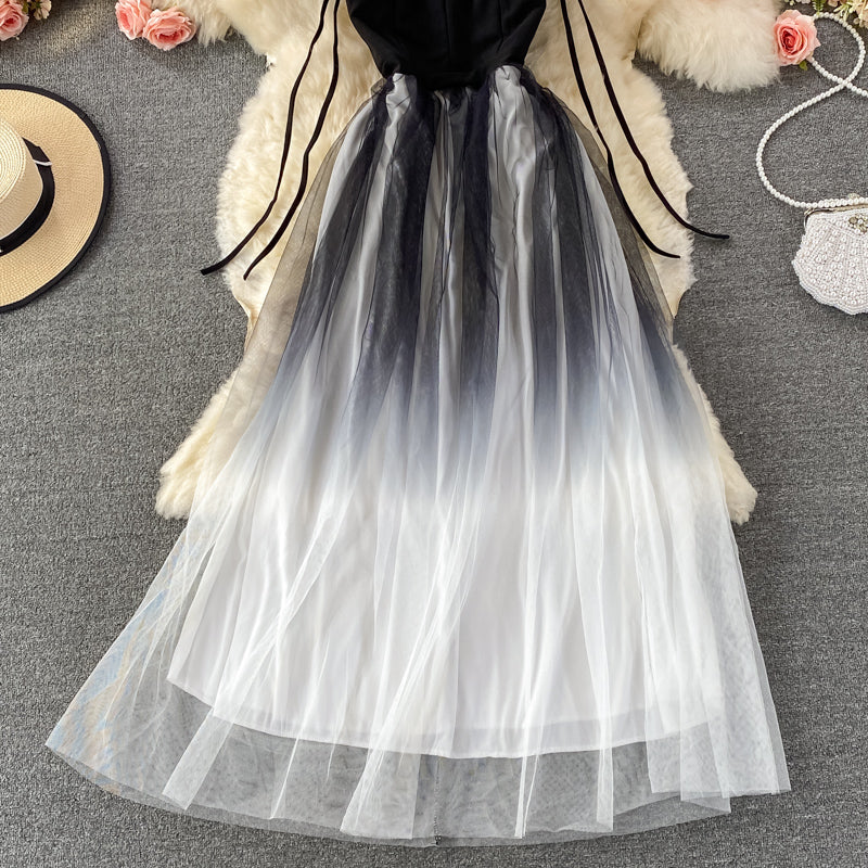 V-neck off shoulder mesh dress large swing skirt  2906