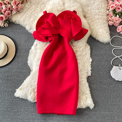 Ruffled off shoulder and exposed shoulder bag hip dress  2748