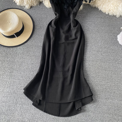 Hairy stitched herringbone neck exposed shoulder bag hip fishtail skirt  3433