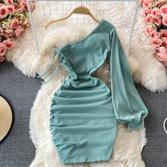 Sexy diagonal neck off shoulder one-sided dress  2738