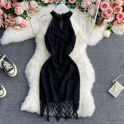 Neck off shoulder black lace Hip Wrap Dress  3044