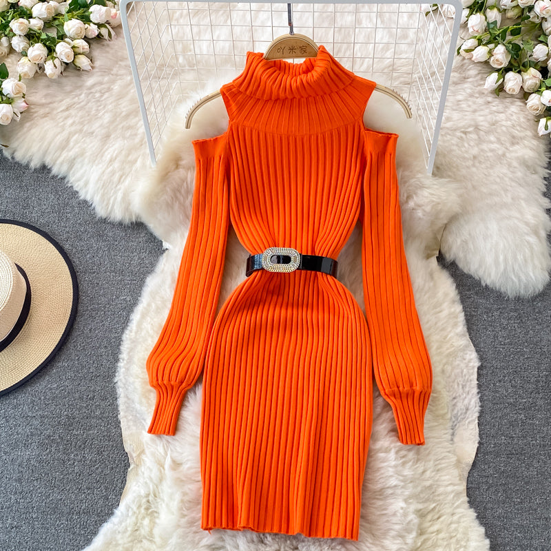 Fashion high neck off shoulder knitted dress  3383