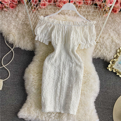 Retro sweet waist closed thin off shoulder backless dress  2851