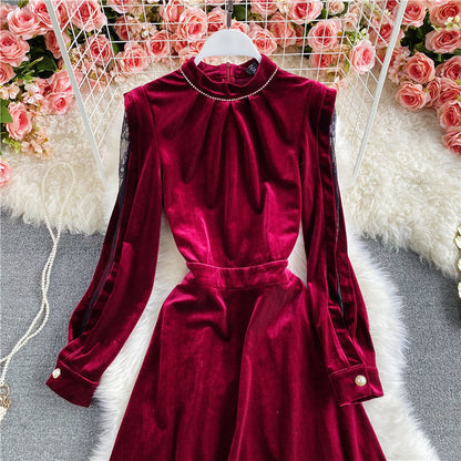 Burgundy stand neck off shoulder velvet A-line dress  2934