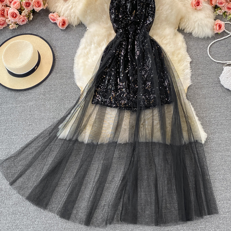 Sexy mesh patchwork neck off shoulder Sequin dress  2908