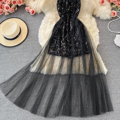 Sexy mesh patchwork neck off shoulder Sequin dress  2908