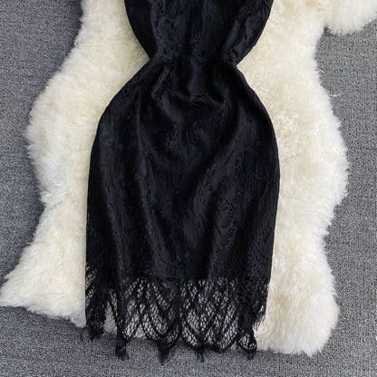 Slim neck hanging off shoulder black lace Hip Wrap Dress  2939