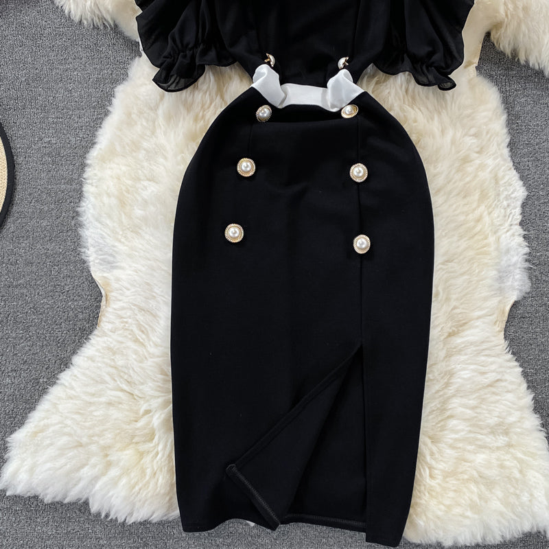 Off shoulder double breasted dress split Hip Wrap Dress  2984