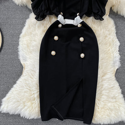 Off shoulder double breasted dress split Hip Wrap Dress  2984