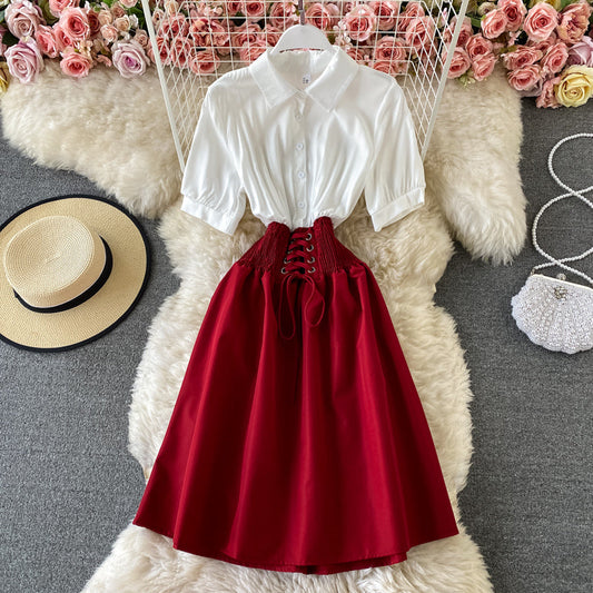 A-line umbrella skirt with contrast color stitching and slim waist  2888