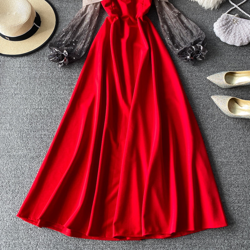 Sexy suspender French off shoulder swing dress  3412