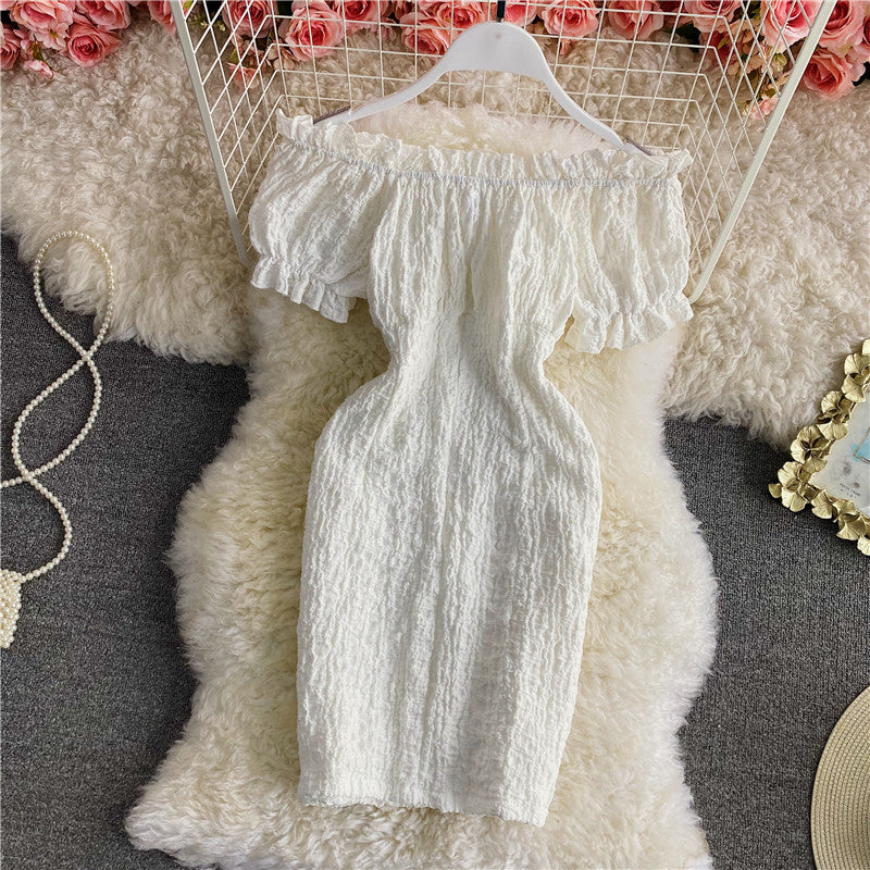 Retro sweet waist closed thin off shoulder backless dress  2889